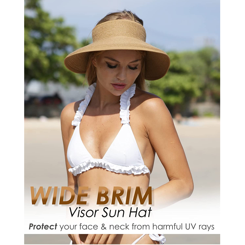 FURTALK Sun Visor Hats for Women Wide Brim Straw Roll Up Ponytail Summer  Beach Hat UV UPF 50 Packable Foldable Travel