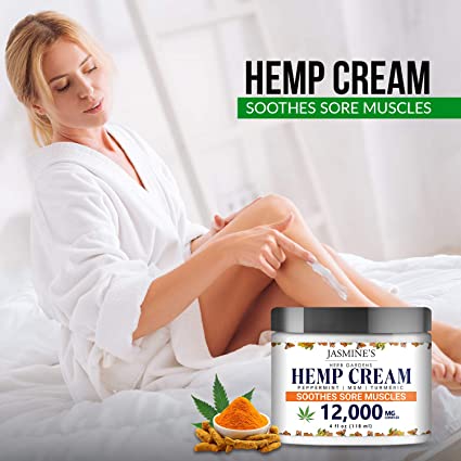 Hemp Cream for Pain, Sore Muscle and Joints by Jasmine’s Herb Garden - 12,000 mg Complex with Peppermint, MSM and Turmeric - Soothes Muscles, Relieves Inflammation