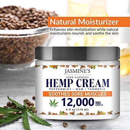 Hemp Cream for Pain, Sore Muscle and Joints by Jasmine’s Herb Garden - 12,000 mg Complex with Peppermint, MSM and Turmeric - Soothes Muscles, Relieves Inflammation