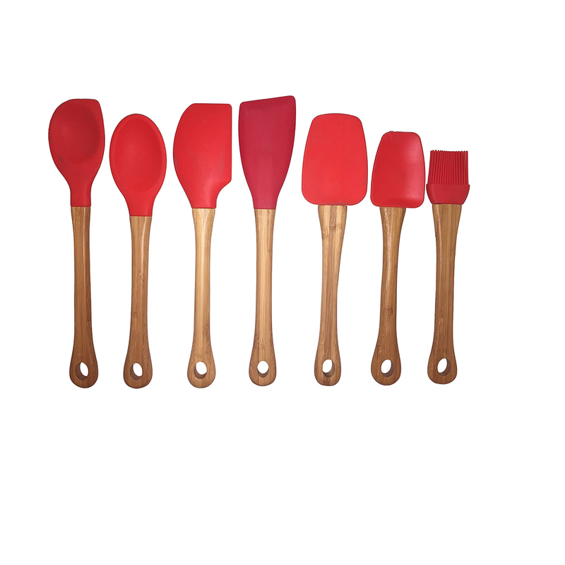 Murphy Bamboo Premium 7 Piece Bamboo & Silicone Kitchen Cooking Utensil Set (Red)