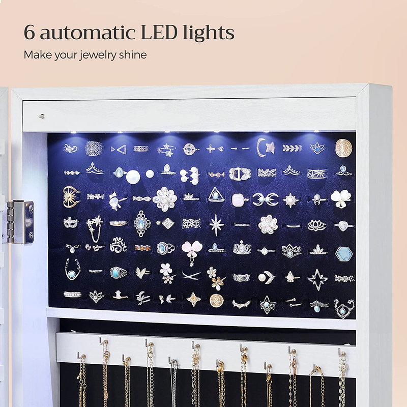 SONGMICS 6-LED Mirrored Jewelry Cabinet, 47.2"H with Lock Jewelry Cabinet Organizer