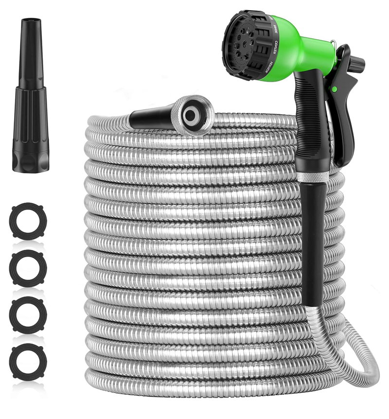 75ft 304 Stainless Steel Garden Hose Metal, Heavy Duty Water Hoses with Nozzles for Yard, Outdoor - Flexible, Never Kink & Tangle, Puncture Resistant