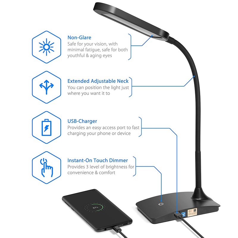 TW Lighting IVY20-40BK Ivy LED Desk Lamp with USB Port for Home Office