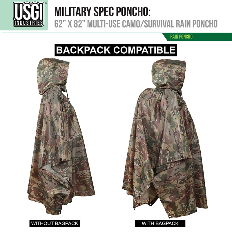USGI Industries Military Style Poncho - Emergency Tent, Shelter, Survival - Multi Use Rip Stop Camouflage Rain Poncho, Size: 59 x 86