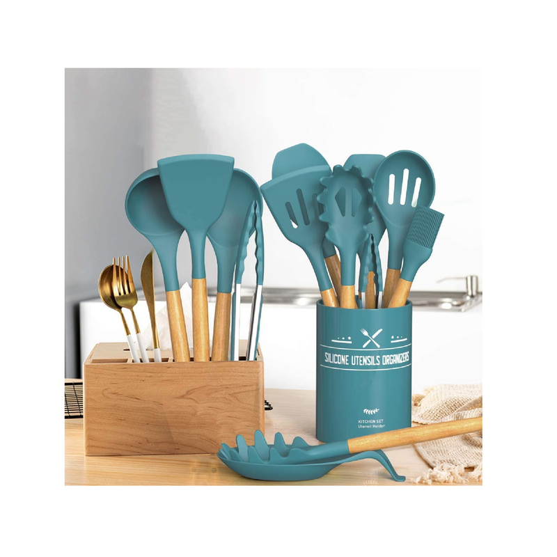 Aoibox 33-Piece Silicon Cooking Utensils Set with Wooden Handles and Holder for Non-Stick Cookware, Blue
