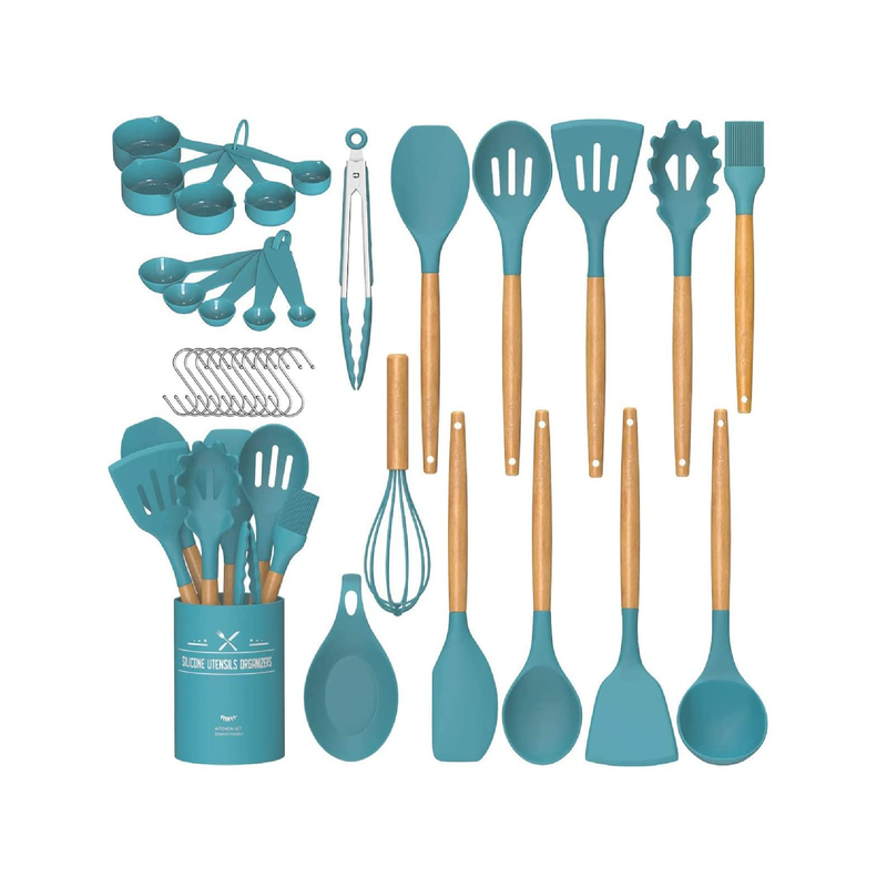 Aoibox 33-Piece Silicon Cooking Utensils Set with Wooden Handles and Holder for Non-Stick Cookware, Blue
