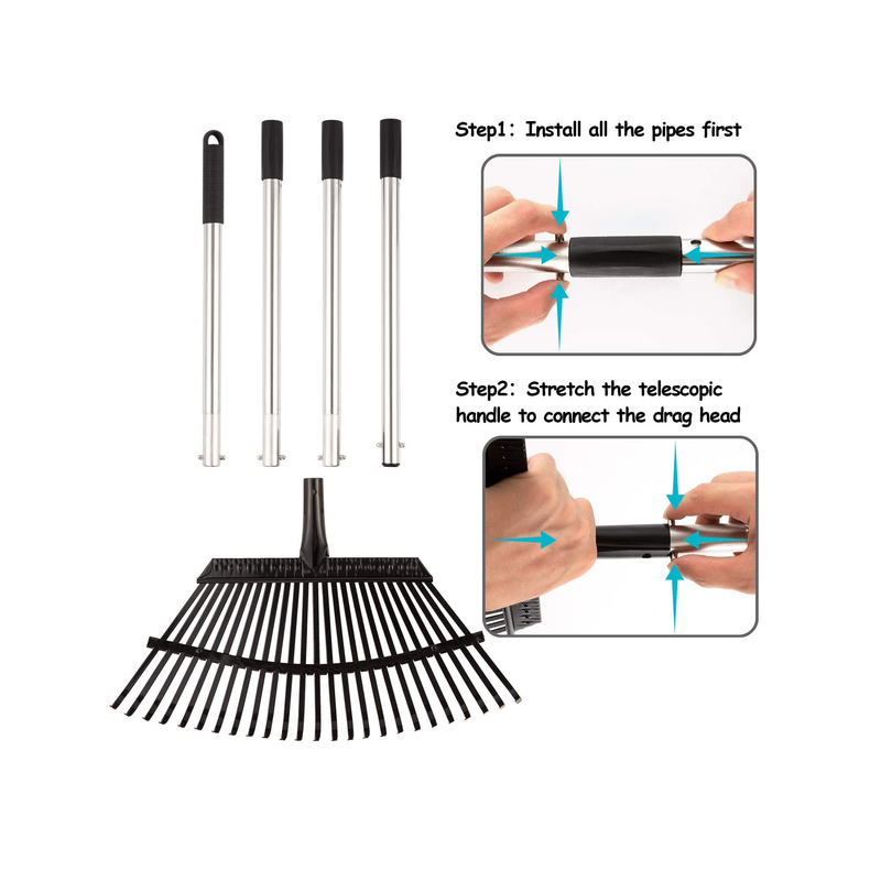 Yangbaga 63" Garden Leaf Rake | Adjustable From 38"-63" | 25 Teeth | Metal For Quick Lawn and Garden Cleanup